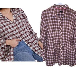 Talbots Plus Pink Plaid Cotton Button Down Blouse 2X